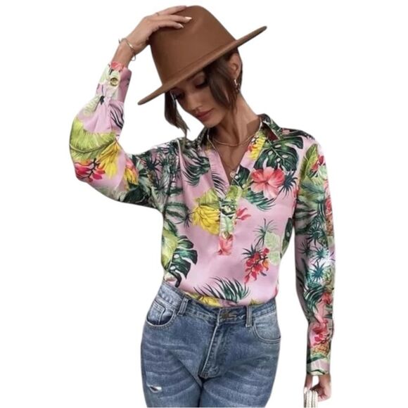Zara Pink Lapel Tropical Rainforest Print Long Sleeve Blouse size Medium - Picture 1 of 9